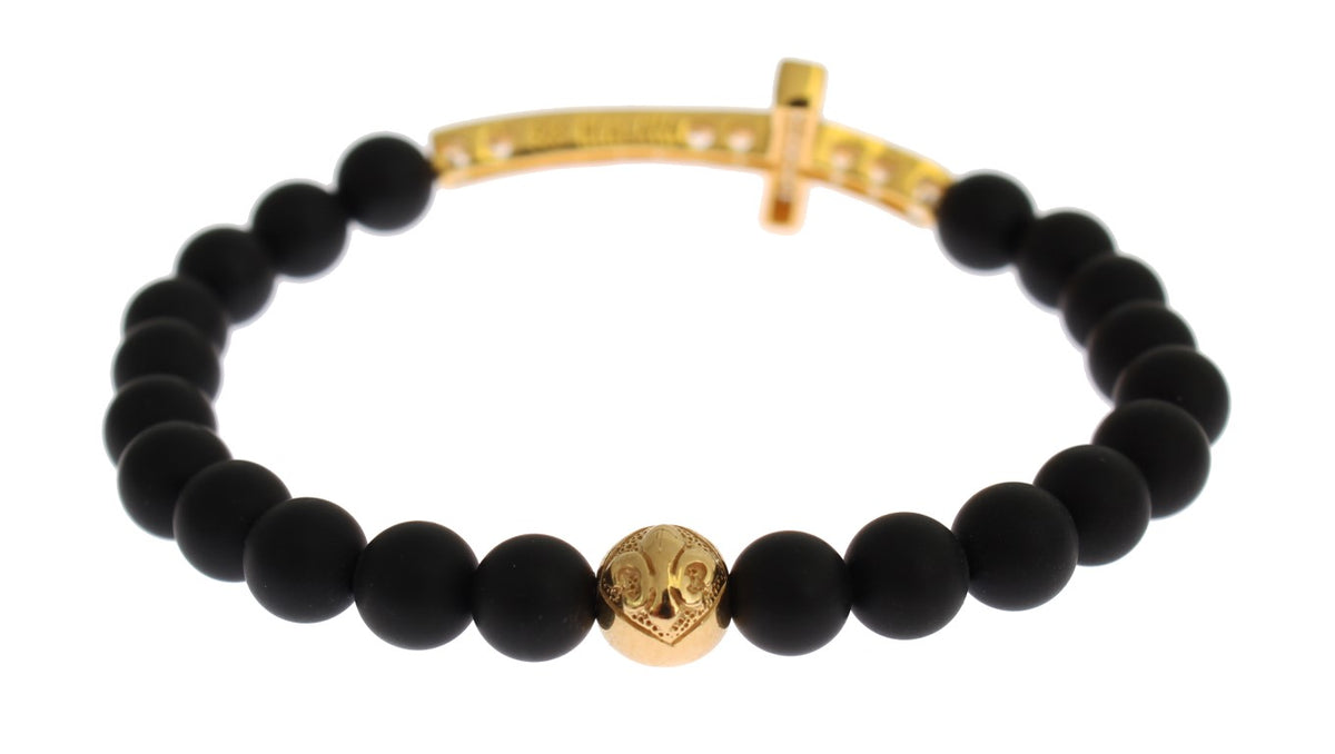 Chic Matte Onyx Bead & CZ Diamond Cross Bracelet