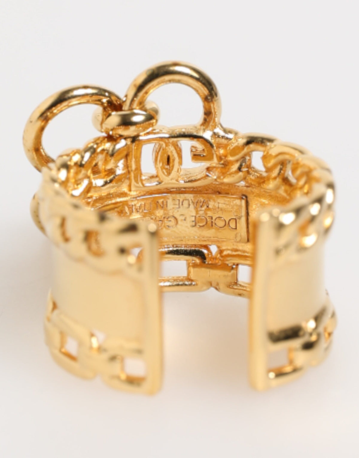 Gold Tone Brass Logo Chain Clear Crystals Adjustable Ring