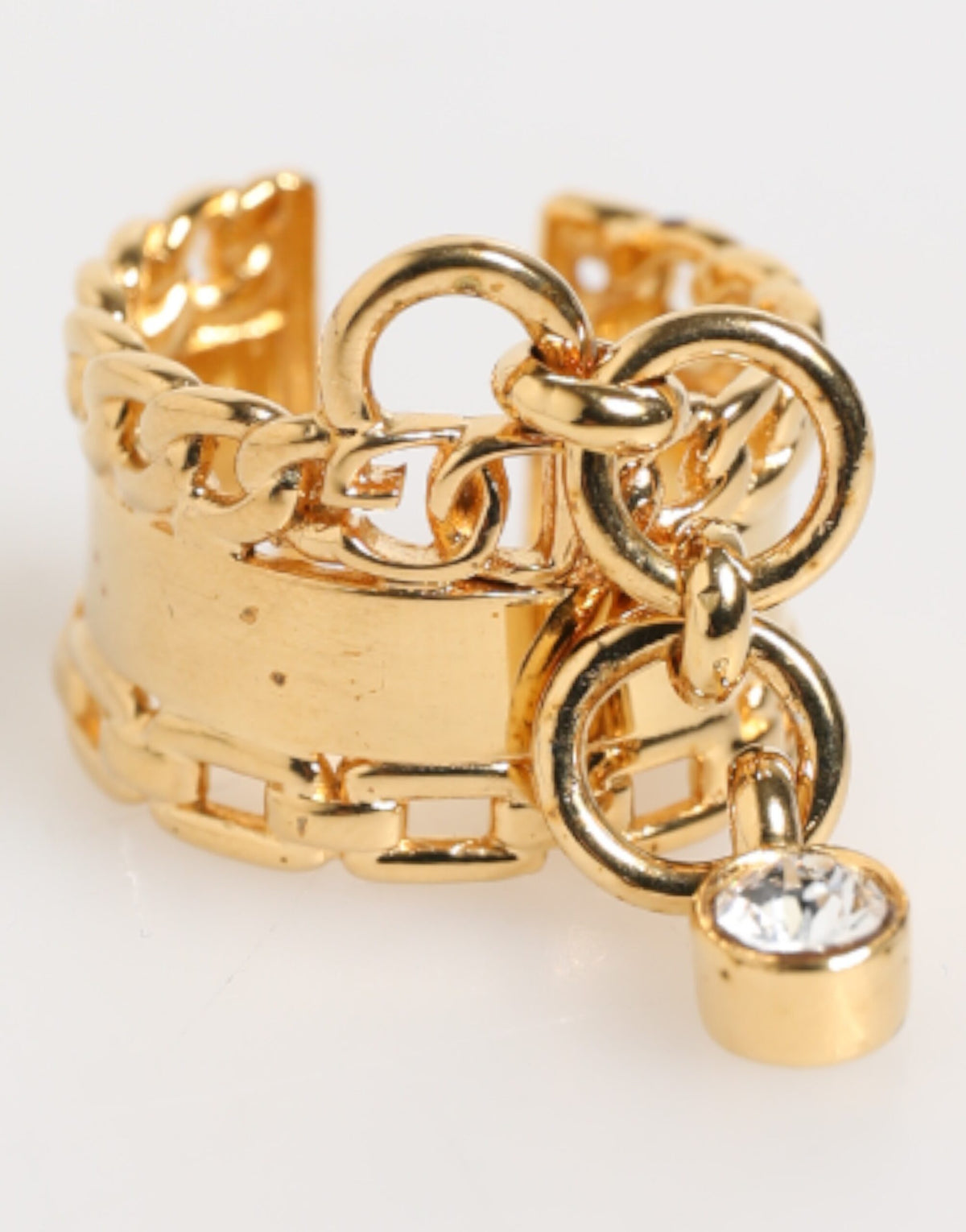 Gold Tone Brass Logo Chain Clear Crystals Adjustable Ring